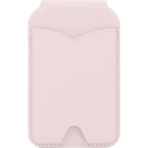 A pale pink PU magnetic card holder with a mirror, featuring a logo and a sleek design.