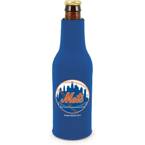 A drink bottle is encased in a blue zippered cooler with a circular logo featuring a city skyline and a baseball.