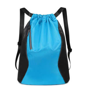A sports drawstring backpack in bright blue with black mesh accents and adjustable straps.