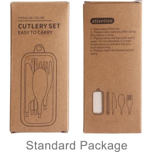 A cutlery set in a cardboard package, featuring utensils in light and dark tones. The package includes a logo.