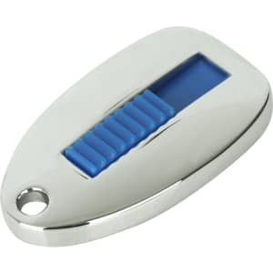 A silver sliding epoxy doming flash drive with a blue accent, featuring a small logo.