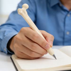 A hand holding a cream-coloured pen shaped like a femur bone, poised above an open notebook.