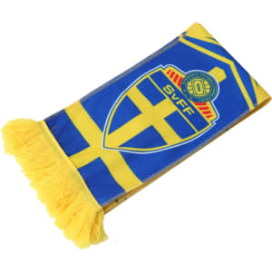 A fleece scarf in blue and yellow with a logo and fringing at both ends.