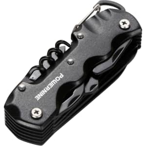 A black multifunction pocket knife featuring various tools and a keyring attachment.