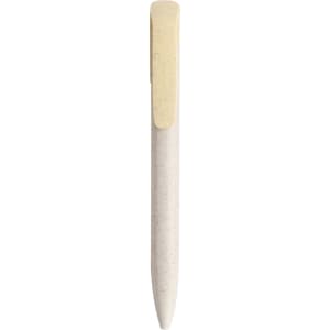 A wheat straw click pen in white with a gold clip, featuring a simple and sleek design, has a logo.