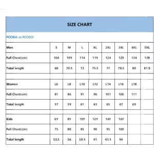 A size chart detailing measurements for men’s, women’s, and kids’ apparel in centimetres.