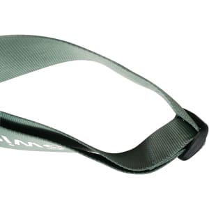 A green poly ribbed luggage belt featuring a buckle and branded logo. Ideal for securing luggage.
