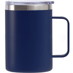 A stainless steel cup with handle in navy blue, featuring a clear lid and a sleek design. It's unbranded.