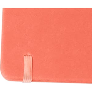 A5 PU cover notebook in coral with an elastic band closure. Features a textured finish and a logo on the cover.