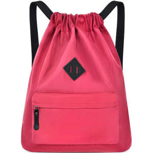 A lightweight drawstring backpack in vibrant pink with a front zip pocket and a black logo patch.