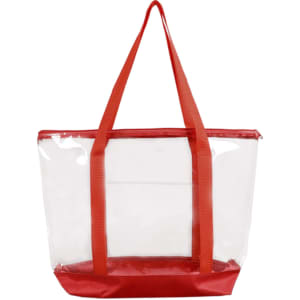 A large clear zippered tote bag with red handles and a textured base. Branding is visible on the bag.