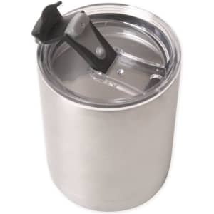A drink bottle featuring a stainless steel finish and a clear lid with a black handle, designed for easy drinking.