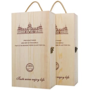 A double bottle wooden wine box in natural wood finish with a handle, featuring embossed designs and a logo.