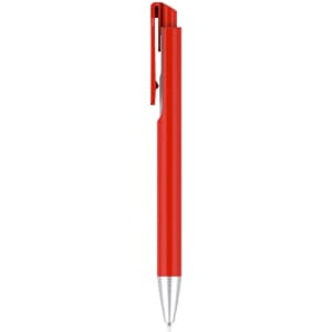 A red plastic pen with a silver tip and a clip, featuring a smooth barrel design. It has a logo on the barrel.