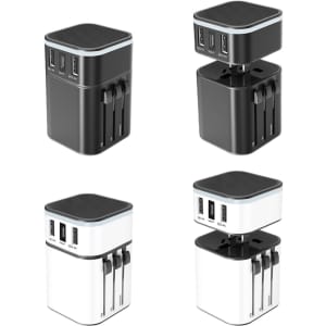 A set of four Luminous Travel Adapters, featuring black and white designs with multiple USB ports and adjustable prongs.