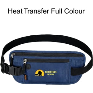 A navy waist bag features an adjustable strap and a front zippered pocket with a logo. It has RFID blocking technology.
