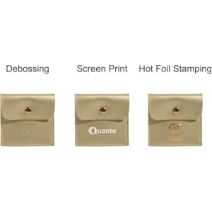 Three square PU leather jewelry pouches in gold, featuring different branding techniques: debossing, screen print, and hot foil stamping.