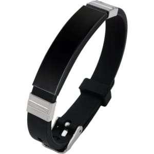 A black metal bracelet with silver accents and a sleek, modern design. Features a clasp for secure wearing.