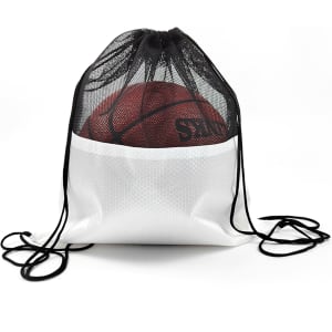 A drawstring mesh backpack in white with black accents, featuring a basketball inside and a front pocket.