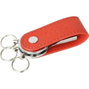 A red PU leather swivel drive with a metal keyring attachment and a silver button detail.