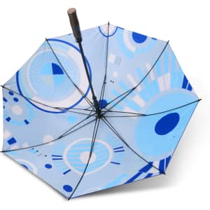 A full colour golf umbrella featuring a geometric pattern in various shades of blue, with a black handle and frame.