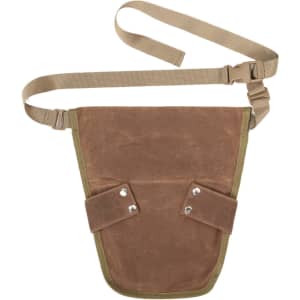 A brown garden tool waist pouch with adjustable straps and snap buttons, featuring a green trim.