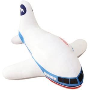 A plush toy designed like an airplane, predominantly white with blue and red details, featuring a logo.