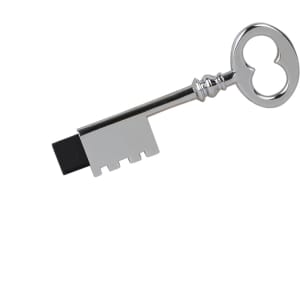 A silver key-shaped flash drive with a black connector on one end. It has a branding logo.
