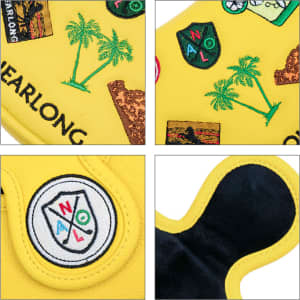 A custom mallet putter cover in vibrant yellow, featuring various patterns, including palm trees and a logo.