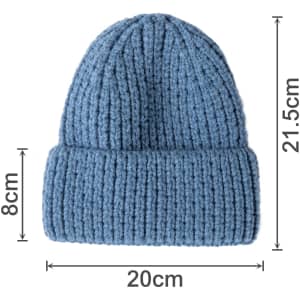 A twisted cable cuffed beanie in a soft blue shade, featuring a ribbed texture and measurements stated.