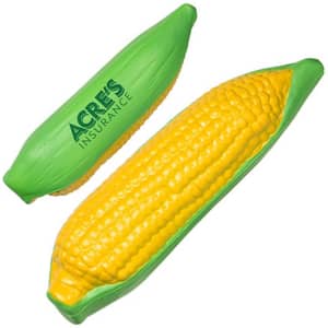 A corn-shaped stress reliever in vibrant green and yellow colours, featuring branding on one side.