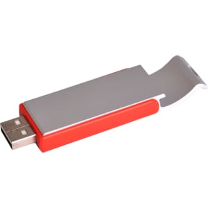 A red and silver bottle opener flash drive with a USB connector and a sleek design, featuring a logo.