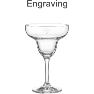 A clear glass margarita glass with a wide bowl and a tall stem. The glass features a logo.