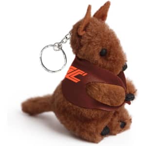A brown plush kangaroo keychain with a small vest and a keyring attached.