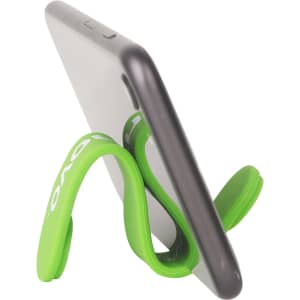 A green silicone magnetic clip holding a smartphone upright, featuring a branded logo.