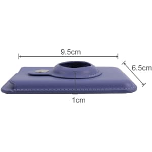 A purple PU magnetic card and AirTag holder featuring a circular cutout and stitched edges, measuring 9.5cm by 6.5cm.