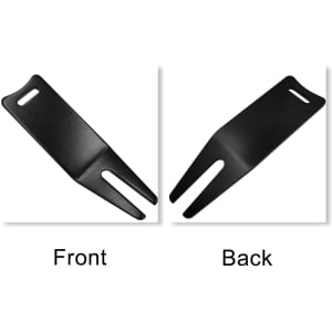 A black golf divot tool displayed with images of the front and back. The tool has a simple, flat design.