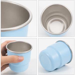 A stainless steel round bottom camping mug in light blue, showcasing its interior and exterior design. Features a logo.