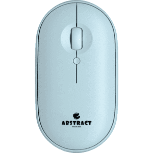 A light blue wireless travel mouse with a scroll wheel and a logo on the surface.