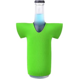 A drink bottle with a green neoprene stubby cooler shaped like a t-shirt. It has a circular cap on top.