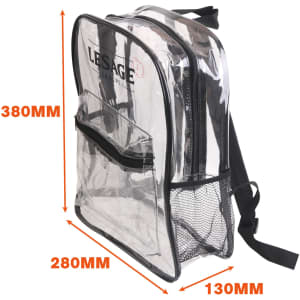 A transparent backpack with black trim and straps, featuring a front pocket and a mesh side pocket.