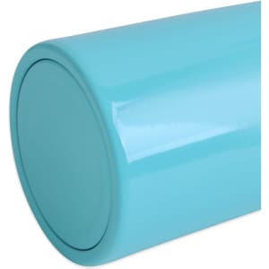 A 14oz stainless steel stubby holder in a bright turquoise colour with a smooth surface and a base. It features a logo.