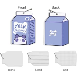 Custom shape index cards in blue and white, featuring a milk carton design with a panda and different paper types: blank, lined, and grid.
