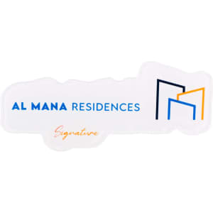 A custom acrylic name badge in clear with blue and orange accents, featuring a logo and text design.