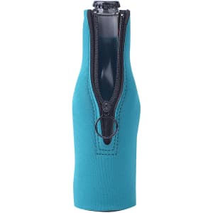 A drink bottle cooler in teal with a zippered design, featuring a ring for easy carrying.