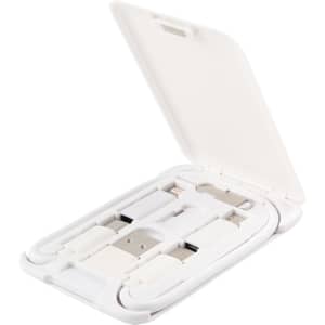 A white multifunctional cable case with an open lid, revealing neatly organised charging cables inside.