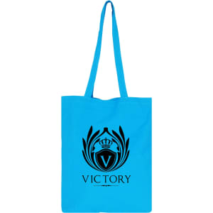 A light blue cotton bag with long handles and a logo on the front.