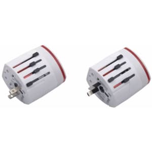 A white and red light-up universal plug travel adapter with multiple plug options and a USB port. Features a logo.
