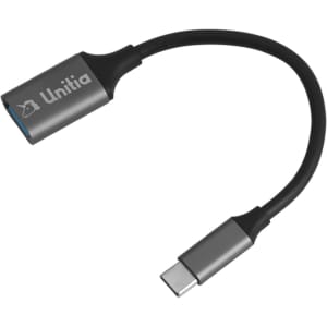 A grey USB 3.0 to USB C OTG adapter with a short cable and branding on one side.