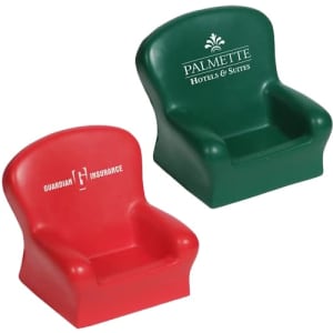 Two chair-shaped stress relievers in red and green, featuring logos on each side.